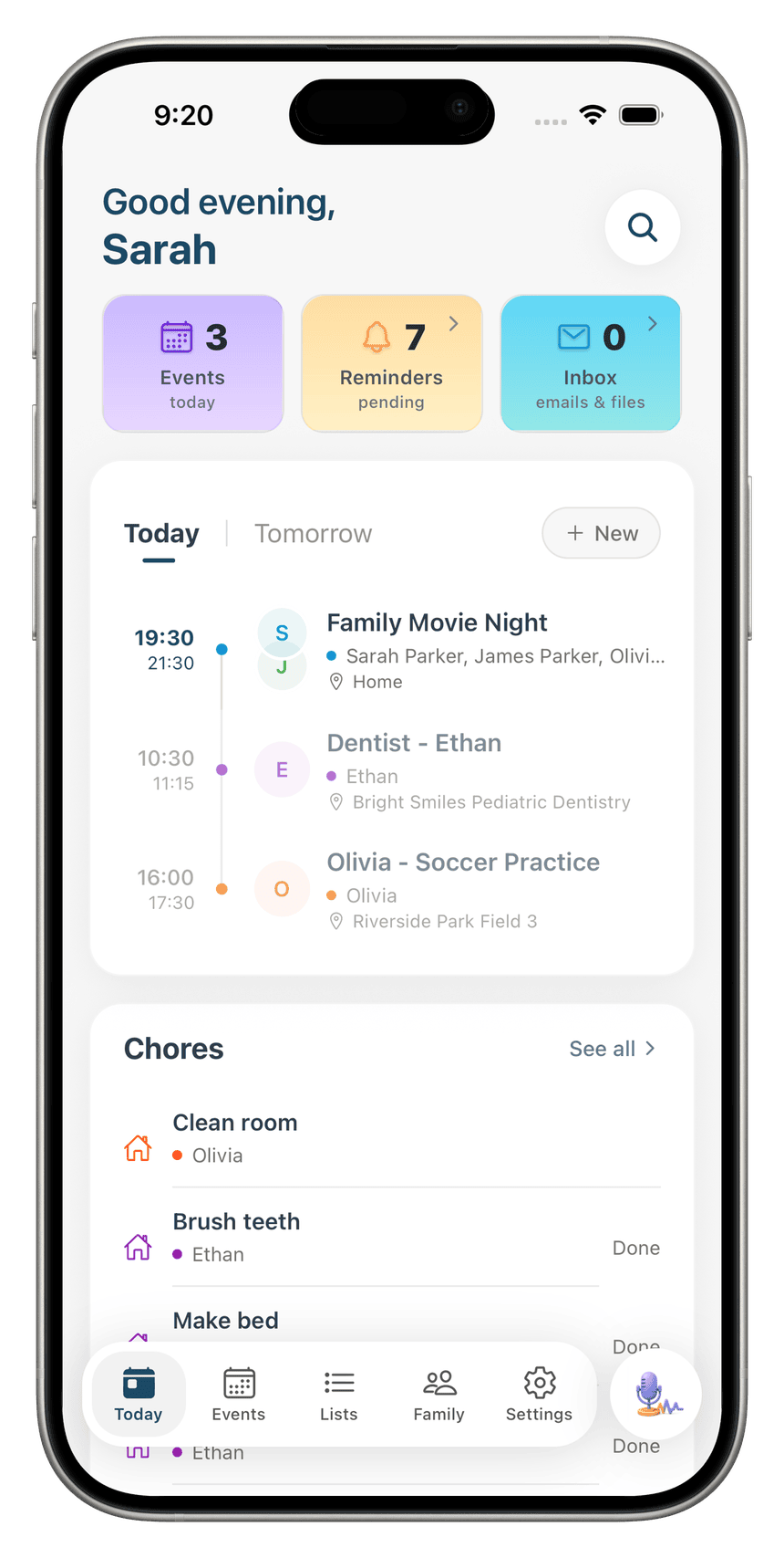 Sense Today screen showing events, reminders, and chores